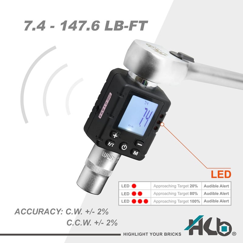 hb+ 3-Piece Digital Torque Adapter Set AAM002-U, 1/2" Drive 7.4–147.6 Ft-lb (10–200Nm), ±2% Accuracy, Peak/Trace Modes, 5 Units, Memory, LED & Buzzer Alerts, Chrome Vanadium Steel, Made in Taiwan - Image 3